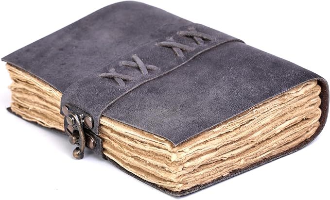 Leather Bound Vintage Journal for Women & Men – Book of Shadows – Lock Closure – 200 Pages of Antique Deckle Edges Handmade Paper (Ash Grey, 7 x 5 inches)