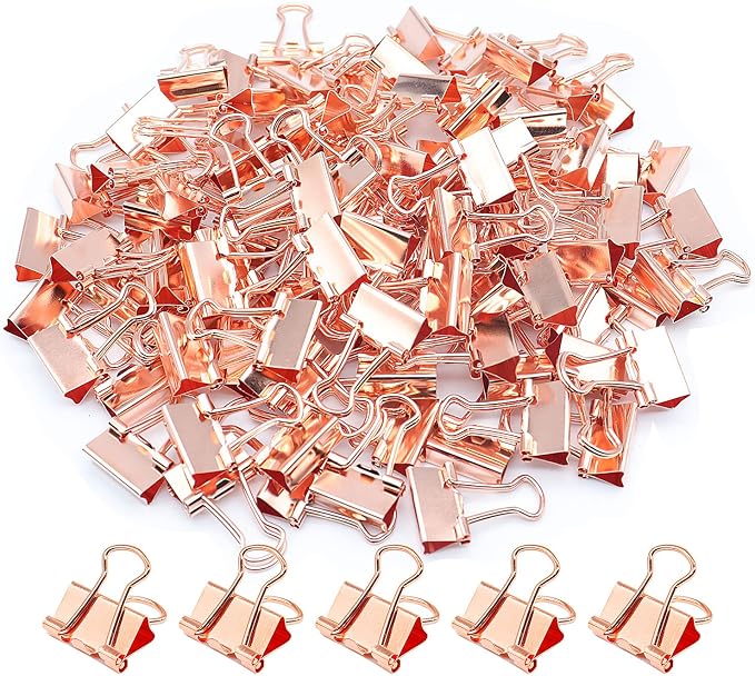 Rose Gold Binder Clips, Mini Paper Clip, Small Paper Clamps 15mm (5/8 inch), 100 Pack Micro Size Office Clips for Home School and Business (Rose Gold)
