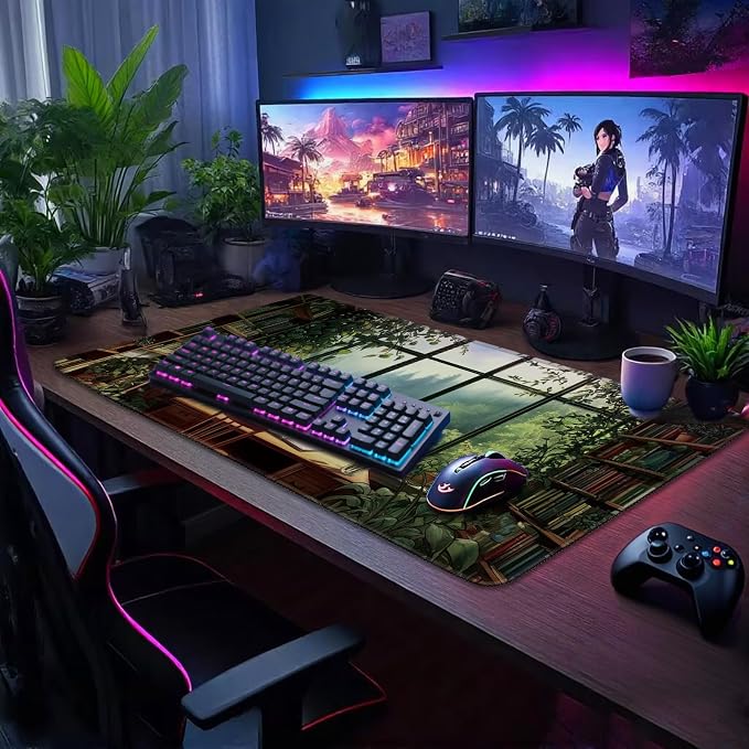 Green Library Study Room Large Gaming Mouse Pad 31.5"x15.7"｜XXL Desk Mat, Non-Slip Rubber Base & Stitched Edges - Extended Waterproof Mousepad for PC/Laptop/Office/Home Decor