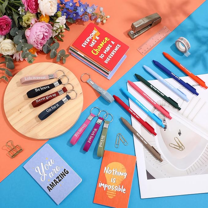 PerKoop 48 Pcs Inspirational Gifts Bulk Employee Motivational Notepads Positive Ballpoint Pens Keychains Set Staff Coworker Appreciation Gifts for Teachers Women Office Party Favor Supplies
