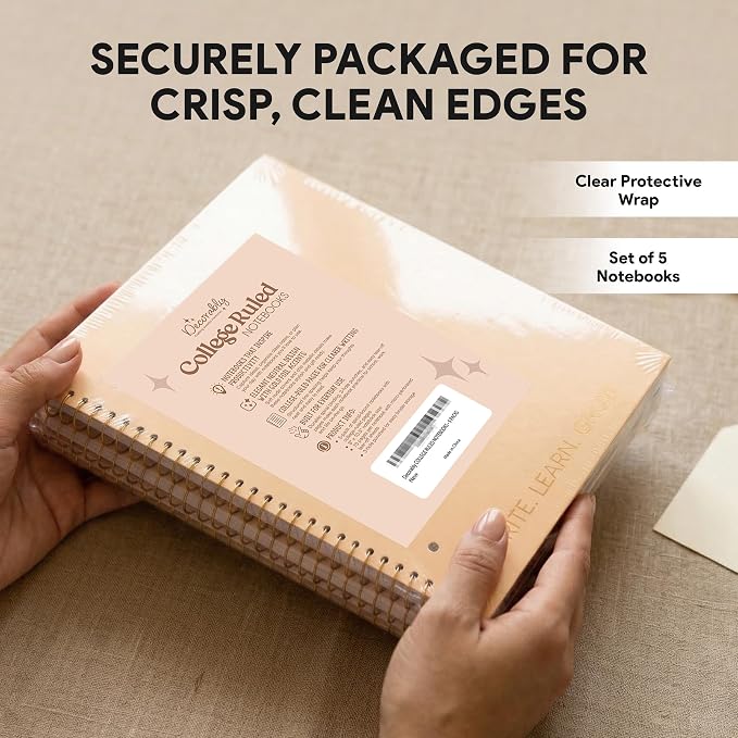 Decorably 5-Pack 140 Pages Gold Foiled Spiral College Ruled Notebook Set | 8x10.5in Spring Bound, 3-Hole Punched and Easy Tear-Off Perforated Design, Lined Pages - Work, School, Office