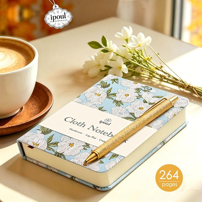 Pocket Notebook, A6, 4x6, Small Embroidered Journal, Cute Notebook, Lay Flat, Hardcover, Lined Notebook & Sketchbook, Personal Writing Journal for Women, Blue Journal, White Gardenia Flower