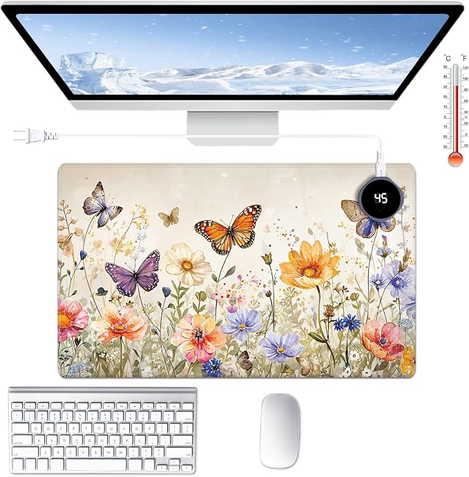 Heated Desk Pad Large Mouse Pad 23.6 x 14.1 inch with 3 Levels Heating & Auto Shut-Off Warm Mouse pad PU Leather Computer Mousepad for Home Office Work - Watercolor Butterflies and Flowers