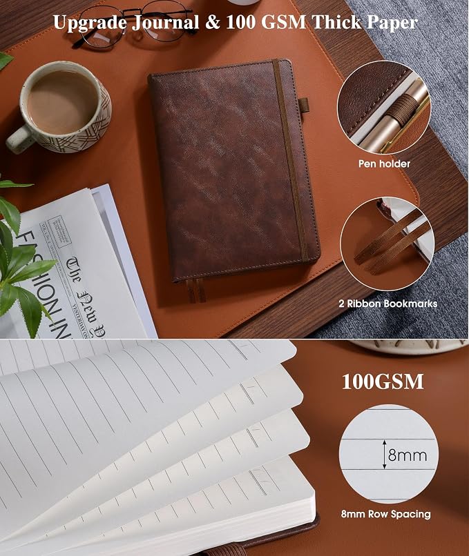 Lined Leather Journal Notebook for Men Women, Hardcover Journals with 256 Numbered Pages, B5 Journaling Notebooks for Writing, 100GSM Thick Ruled Paper for Business Work School 7.6"×10", Brown