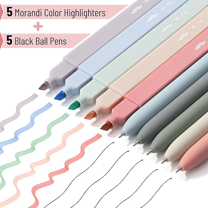 Mr. Pen- Aesthetic Highlighters and Gel Pens, 10 Pack | Morandi Colors Bible Highlighters No Bleed, Black Ink Gel Pens, Fast Dry and No Smear for Bible Journaling, Planner
