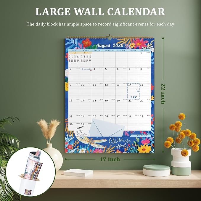 Ospelelf Wall Calendar 2026-2027 with Storage Pocket Monthly Large Planner Pad 17" X 22" with Protective Cover and Stickers for Family Fridge Office Teacher Student January 2026 to June 2027 Retro