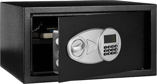Amazon Basics Steel Security Safe Box with Digital Keypad, for Valuables, Cash, Jewelry, Documents, Removable Shelf, Black, 1 Cubic Foot, 16.9"x14.6"x9.1" (WxDxH)