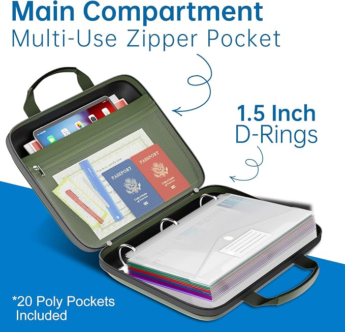 Binder Folders Organizer with 20 Pack Heavyweight Plastic Pockets,Fireproof File Folder Box with Lock,Zipper Binder Bag for Important Documents,Letter Size,Green