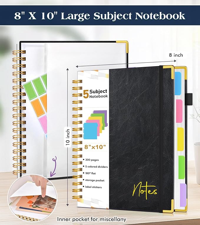5 Subject Blank Notebook with Removable Dividers Tabs, 300 Pages Hardcover Leather Sketch Book Spiral Journal, 8"x10" B5 Large Sketchbook Notebooks for Women Men Work School Sketching Drawing, Black