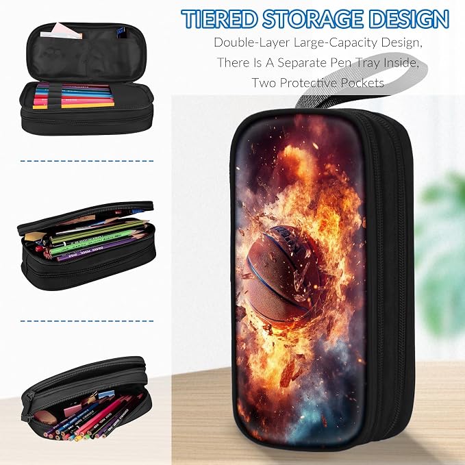 TILYTADLY Large Pencil Case for Boys - Basketball Boys Pencil Pouch with Zipper Compartments - Big Capacity Pen Box Pen Bag Organizer with Keychain for Kids Teens School