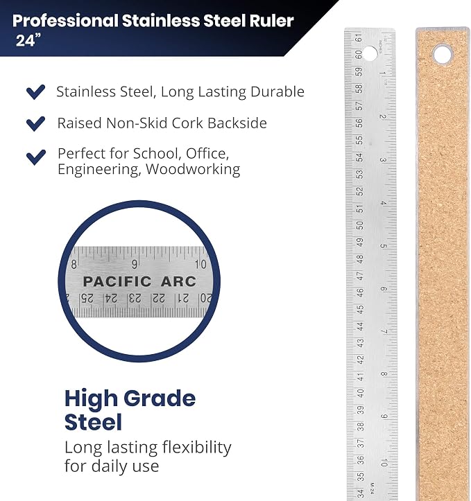 Pacific Arc Stainless Steel 24 Inch Metal Ruler Non-Slip Cork Back, with Inch and Metric Graduations