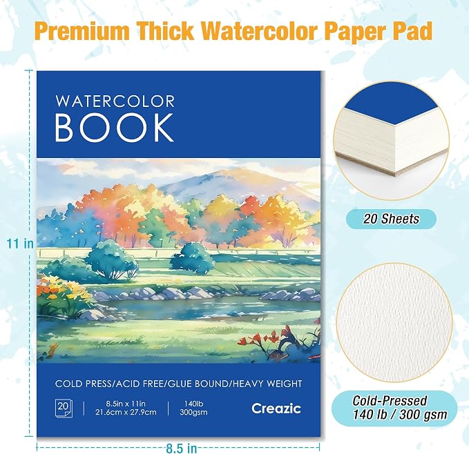 Creazic Watercolor Paper Pad 8.5"x11" (140lb/300gsm) - Acid-Free Art Pad | Cold-Pressed Heavyweight Sketchbook for Artists, Kids & Adults - Great for Watercolors, Mixed Media & Craft Projects (Blue)