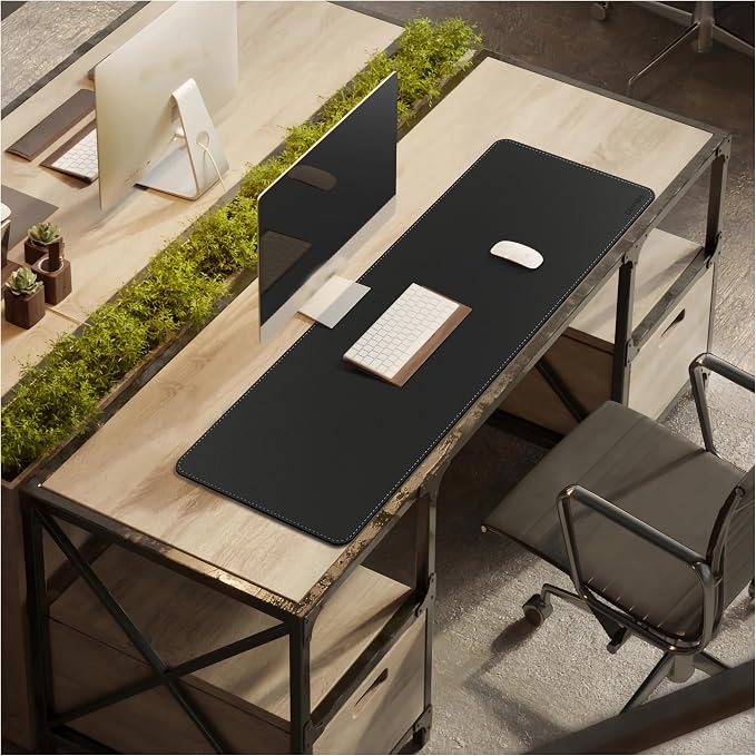 CENNBIE Leather Desk Mat - 43.6" x 16" Oversized Mouse Pad, Black | Premium stitched edges resist wear. Easy to clean. Protects desk from spills, stains ,scratches. Smooth glide. Office & home.