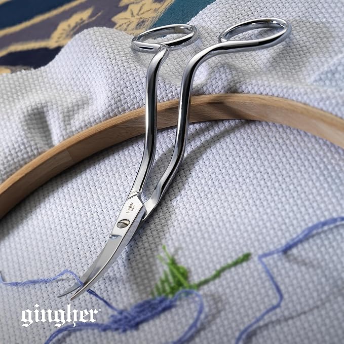 Gingher 6" Double-Curved Embroidery & Applique Scissors for Crafting | Extra Long Handles Curve Over Embroidery Hoops, Sharp & Durable Forged Steel Blades Cut Threads Close to Fabric