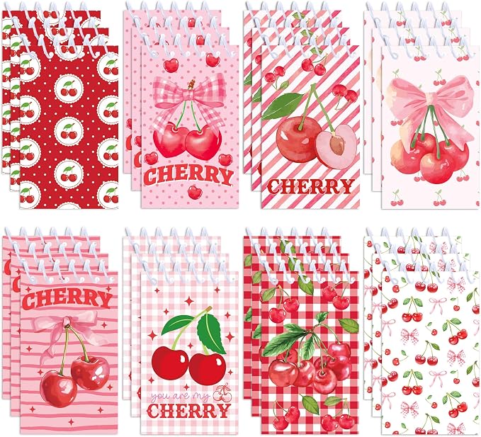Cherry Mini Coil Notepad 24 Pcs, 2.36 x 3.94 Inch Cute Small Notebooks with 8 Adorable Cherry Designs, 16 Sheets 32 Pages, Memo Pads for Daily Planning, Shopping Lists, Office School Supplies