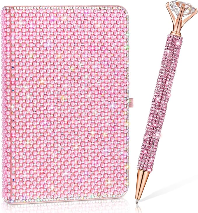 Rhinestone Pen & Glitter Notebook Set, Hard Cover Bling Diary Journal for Girls, Cute School Supplies for Back to School, Sparkly Desk Accessories Gift for Women(Pearl,A6,Pink)