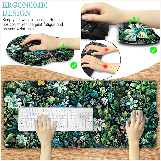 LIMKRIAN Floral Large Desk Mat Set, Green Mouse Pad with Wrist Rest | Ergonomic Gel Wrist Rest, Computer Mat, Keyboard Wrist Support, XXL Mousepad, Coaster, Green Office Desk Accessories Decor
