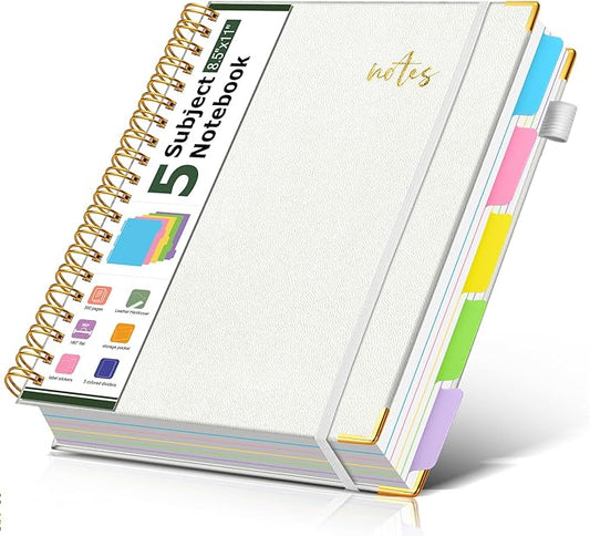 Hardcover Spiral Notebook Journal 8.5" x 11" Leather 5 Subject Notebook with Removable Dividers Tabs, 300 Pages Organizer Notebooks for Work School, College Ruled, Large Lined Journal for Women,White
