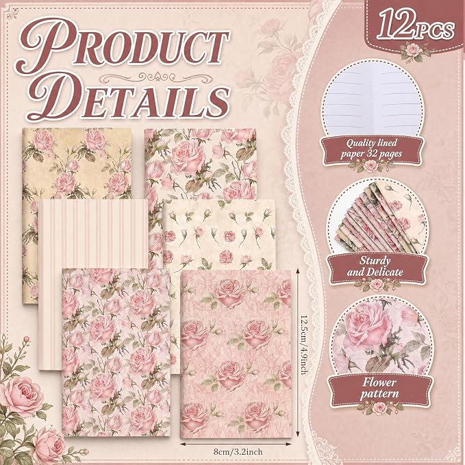 Motiskyy 24 Pcs Vintage Rose Pink Floral Pens Flower Ballpoint Pens Flower Notepads Set Design Line Notebook Employee Gifts Set for Student School Office Supplies, Back to School Gift