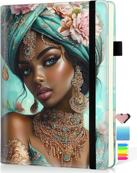Hardcover Executive Notebooks, A5 PU Leather Lined Journal Notebook, 200 Pages Thick Paper Subject Notebooks for School,Work,Home Writing Business Notebook, Diary Book, Elegant Black Girl