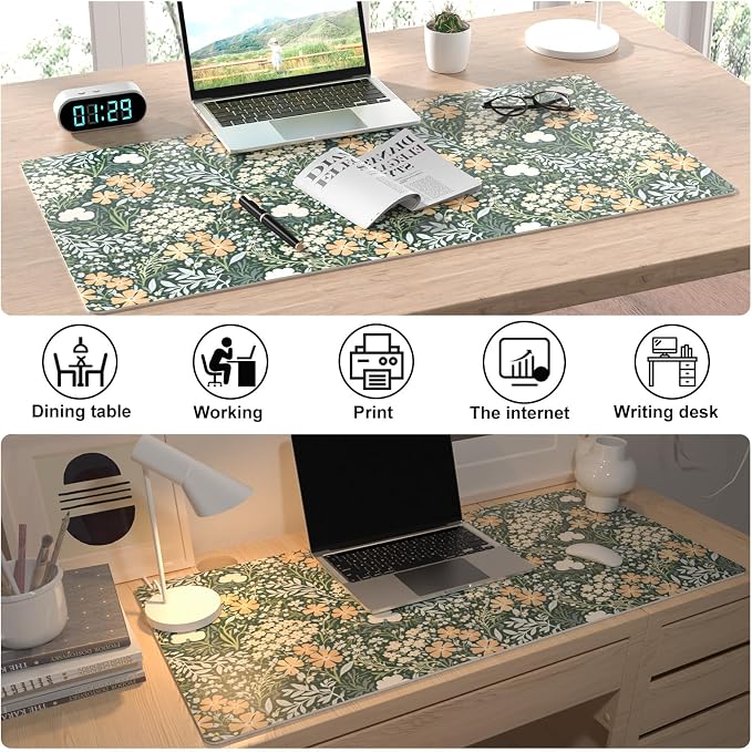 Colorful Star Green Floral Leather Desk Mat, Non-Slip Mouse Pad 31.5"x15.7" | Keyboard Gaming Desk Pads for Office, Desk Décor Large Blotter Writing Pad, Desk Accessories for Women Men