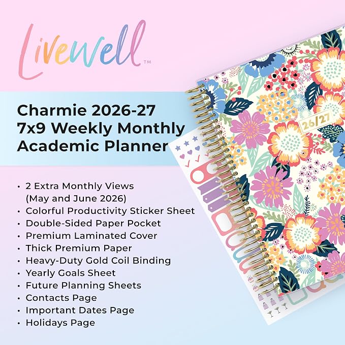 Blue Sky 2026-2027 Weekly & Monthly Academic Planner, 7"x9", Charmie | July 2026 - June 2027, Flexible Cover, Wirebound, Colorful Interior, Laminated Tabs, Storage Pocket, Academic Year, LiveWell