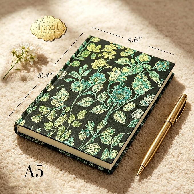 ipoul Flower Journal, Pretty Notebook for Women, Hardcover, Lay Flat, A5, 6x8, Lined Paper, Ruled Page, Birthday Gifts for Mom, Grandma, Wife, Writing Notebook, Church Notes Journal, Green