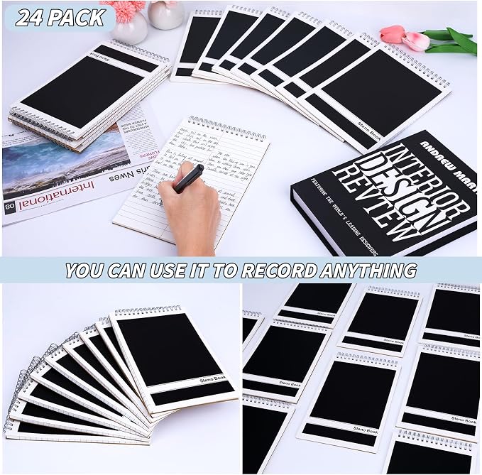 24 Pack Black Steno Pads 6 x 9 in Spiral Top Notebooks Bulk Note Pads 60 Sheets Gregg Rule Writing Paper Steno Notebooks for Students Teachers Men Women Professionals Office School Recording work