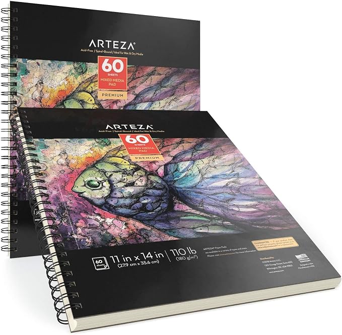 ARTEZA Mixed Media Sketchbook, 11x14 Inches – 2-Pack, 60 Spiral-Bound Sheets, 110 lb Acid-Free Paper for Wet & Dry Media: Acrylic, Ink & Pencil
