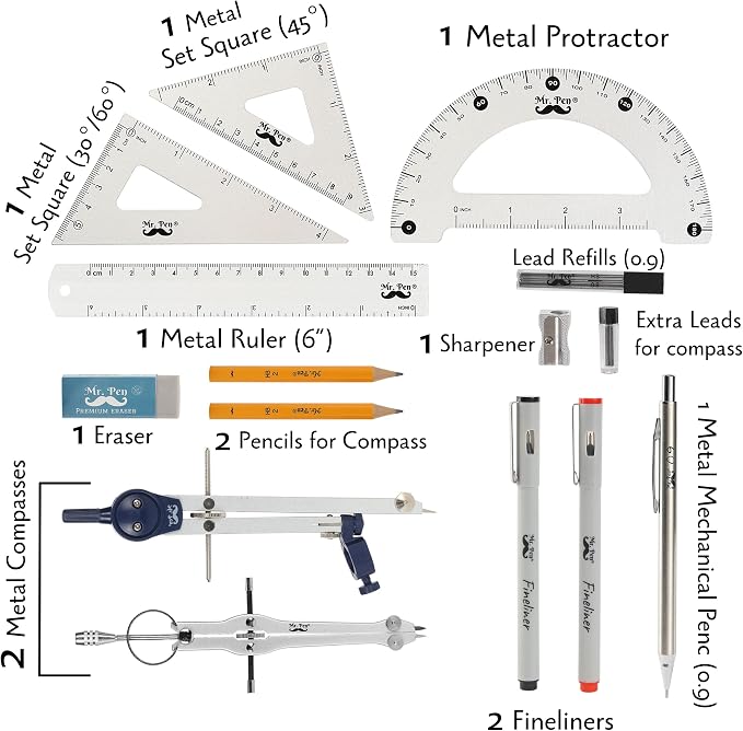 Mr. Pen- Professional Geometry Set, 15 pcs, Drafting Tools with Protractor | Compass, Metal Ruler, Triangles, Pens & Pencils, Complete Geometry & Drafting Kit for Architects, Engineers & Students