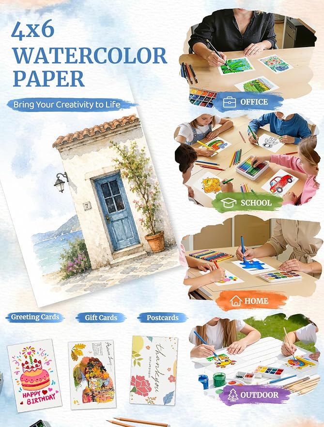 120 Sheets 4x6 Watercolor Paper Bulk, Cold Press Watercolor Paper Cards | 110 LB/230 GSM Water Color Paper 4x6, Watercolor Supplies for Kids and Adults, Drawing Paper for Sketching, Acrylic, Gouache