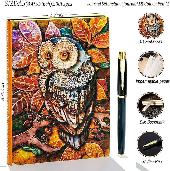 Vintage 3D Owl Cover Embossed Leather Writing Journal +Pen Set,A5,200Pages,Antique Handmade Daily Notepad Sketchbook,Travel Diary&Notebook to Write in,for Women Men