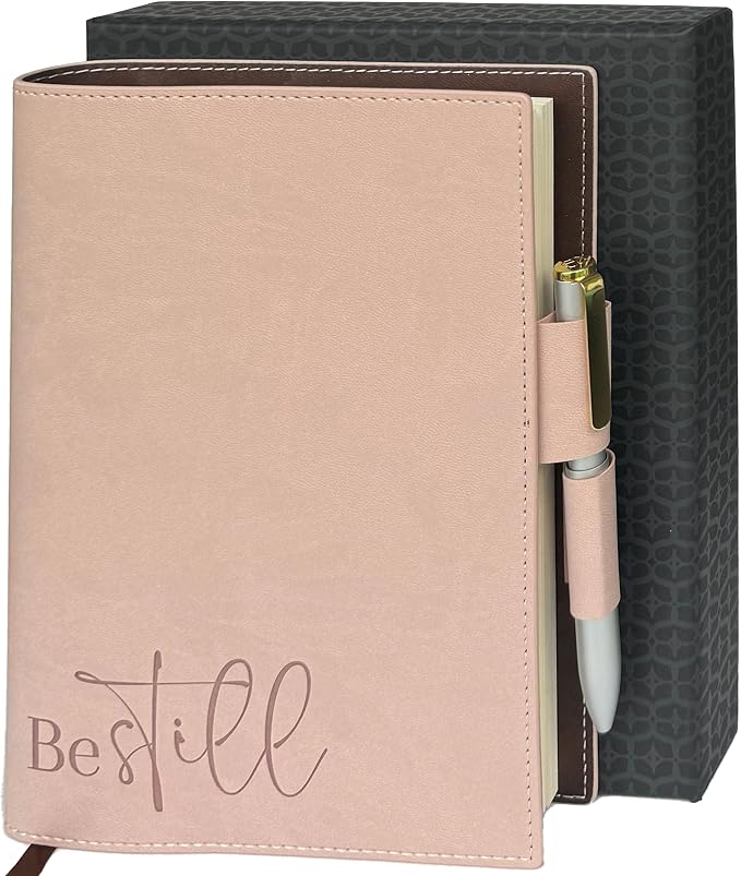 SETTINI® Refillable Vegan Leather Journal with Pen, Be Still Pink | refillable insert system, luxury pen, 192 pages, vegan leather, A5, lined refill, faith gift