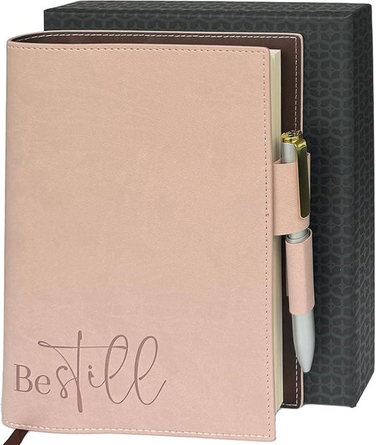 SETTINI® Refillable Vegan Leather Journal with Pen, Be Still Pink | refillable insert system, luxury pen, 192 pages, vegan leather, A5, lined refill, faith gift