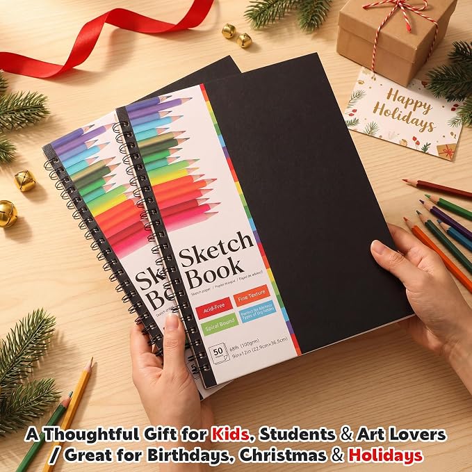 9" x 12" Sketch Book, 2-Pack 50 Sheets Top-Spiral Bound Sketchbook Drawing Pad, 100gsm Perforated Pages Art Supplies for Beginner Artists Students Drawing Painting Sketching