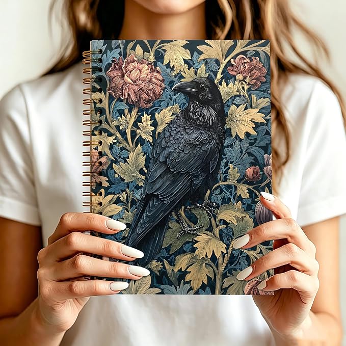 Moody Vintage Black Crow Journal Notebook 5.5x8.3, William Morris Inspired Gothic Raven Journal, Crow Gifts for Women, Dark Academia Floral Notebooks for Work