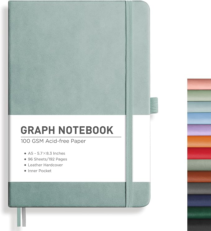 RETTACY Graph Grid Paper Notebook, 192 Pages, A5 Size (5.7'' x 8.3'') | 5 Squares per Inch, Leather Hardcover, 100 GSM Thick Paper, for School, Students, Math, Engineering (Blue-gray)