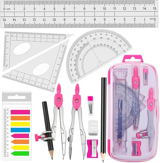 Akuoly Maths Compasses Full Starter Geometry Kit with 2 Drafting Compasses Protractor 2 Set Squares Ruler Pencil and More for Students Maths Study Homework etc. Pink
