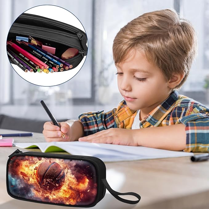 TILYTADLY Large Pencil Case for Boys - Basketball Boys Pencil Pouch with Zipper Compartments - Big Capacity Pen Box Pen Bag Organizer with Keychain for Kids Teens School