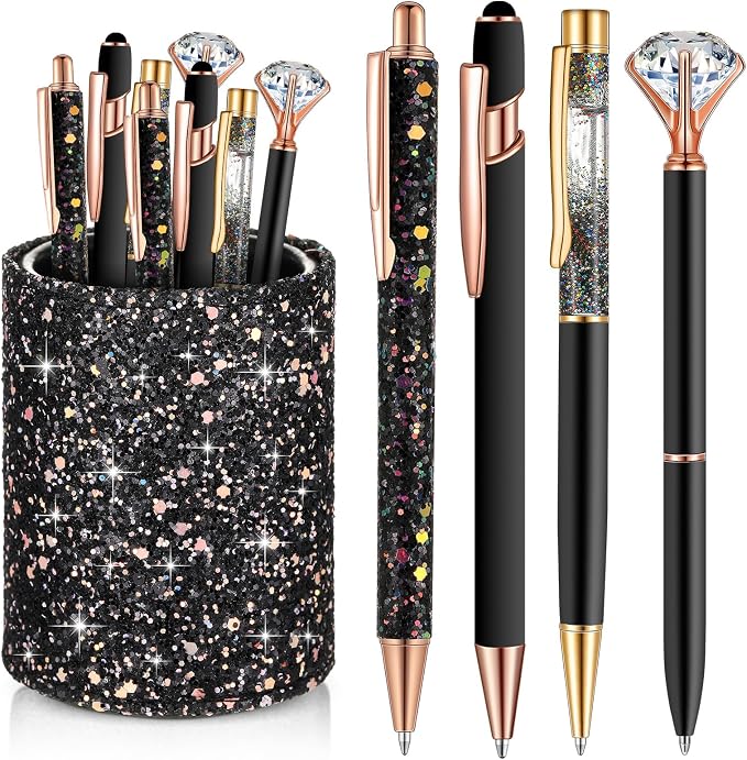 Sabary 8 Pcs Black Pens with Pen Holder for Desk Glitter Crystal Diamond Cute Ballpoint Fancy Pencil Holder Bling Desk Organizer for Women Girls School Office Supplies Wedding Graduation Gifts