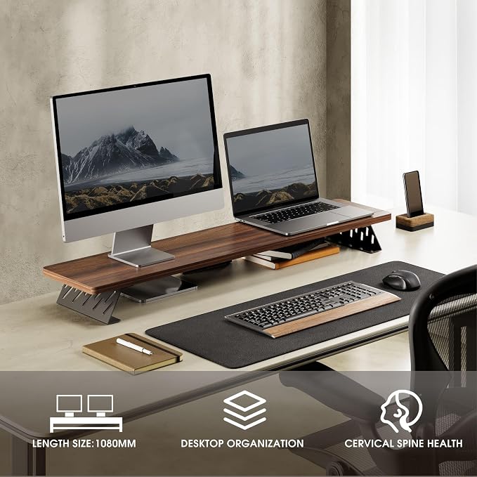Fenge Monitor Stand Riser, Wooden & Metal Desk Shelf Organizer, Brown | 42.5 Inch Dual Monitor Riser for 2 Monitors, Multifunctional Monitor Shelf for Laptop, PC, Printer