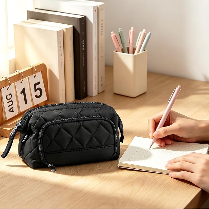 Zannaki Soft Quilted Large Pencil Pouch Organizer with Wide Opening for Boys Girls Teens - Extra Big Capacity Pen Pencil Bag with Zipper, Portable Pencil Case Box for School, College, Cosmetic Gift