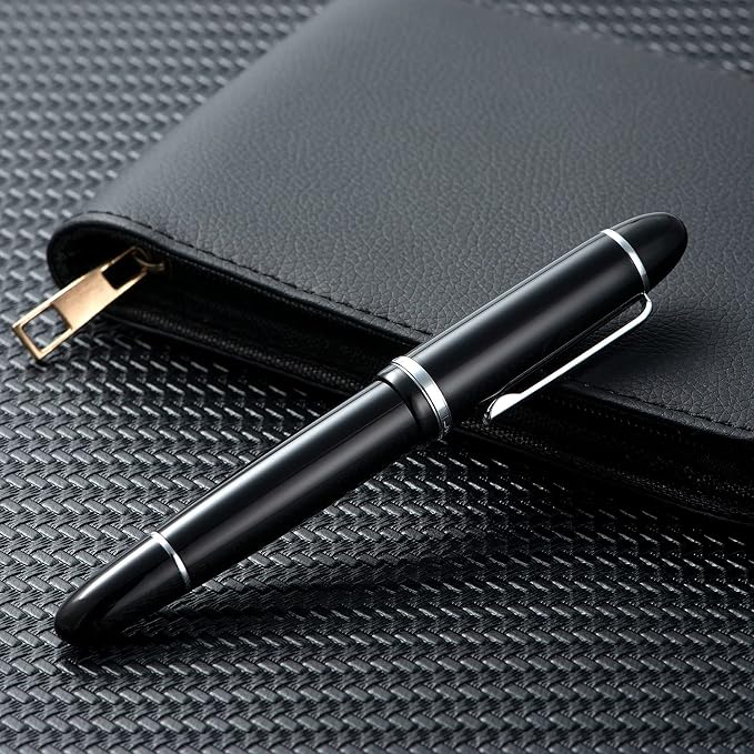 Jinhao X159 Black Acrylic Fountain Pen, Size 8 Medium Nib Silver Trim Classic Design Smooth Writing Pen with Converter