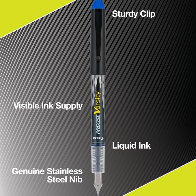 Pilot Precise Varsity Pre-Filled Fountain Pens for Writing, Medium Point Stainless Steel Nib, Black/Blue/Red/Pink/Green/Purple/Turquoise Ink, 1.0mm, 7-Pack