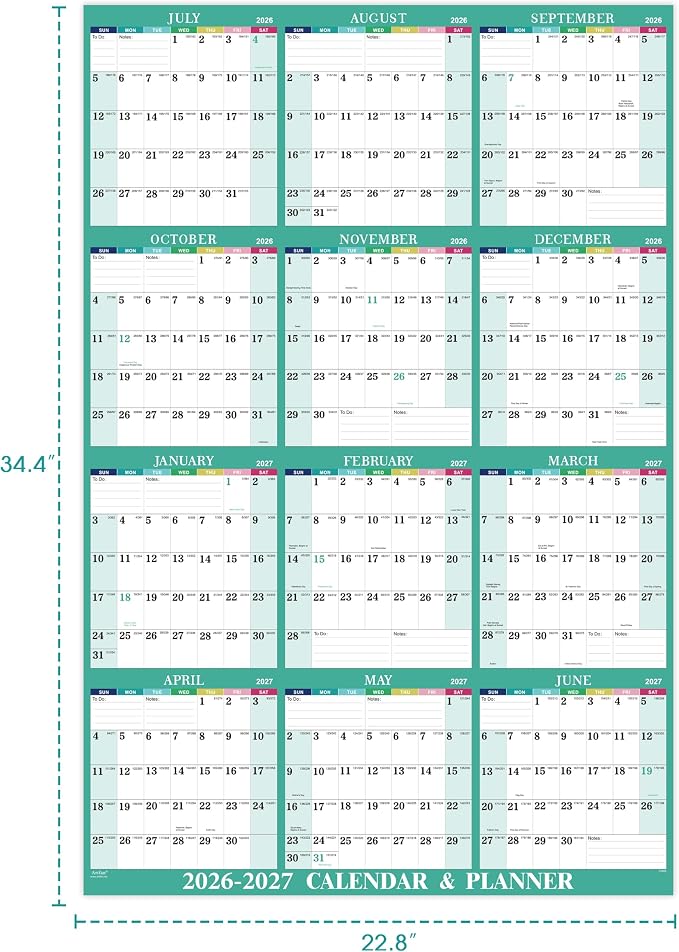 Yearly Wall Calendar 2026-2027 - 2026-2027 Calendar, July 2026 - June 2027 | Yearly Wall Calendar 26-27, 34.8"""" x 22.8"""" (Open), 26-27 Calendars Vertical, One Page for Organizing - Colorful Lump