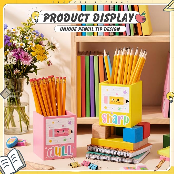 DoubleFill 2 Pcs Box Shaped Holder Sharp Dull Holder Wooden Dispenser Pen Storage with Classic Pencil Shaped Design for Back to School Teachers Classroom Organization Accessories