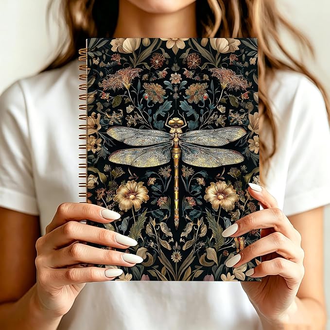 Moody Dark Floral Dragonfly Journal Notebook 5.5x8.3, William Morris Inspired Insect Journal, Dragonfly Gifts for Women, Art Nouveau Botanical Notebooks for Work