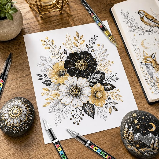 Surcotto 12 Black & Gold & Silver & White Acrylic Paint Pens | 1-6 mm Brush Tip，Direct-liquid，Quick Dry
