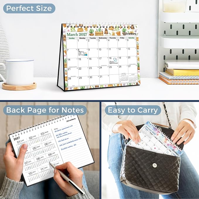 CRANBURY Small Desk Calendar 2026-2027 Standing Flip, 8" x 6", July 2026 to Dec 2027, Desktop Calendar with Stickers, Academic Year, Personal Desk Planner for School & Office