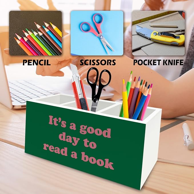 Book Lover Gifts Pen Pencil Holder Organizer for Desk, It's Good Day to Read a Book Bookish Pink and Green Wooden Box Signs Decorations for Reading Room Desk Tabletop, Reader Bookworm Gifts
